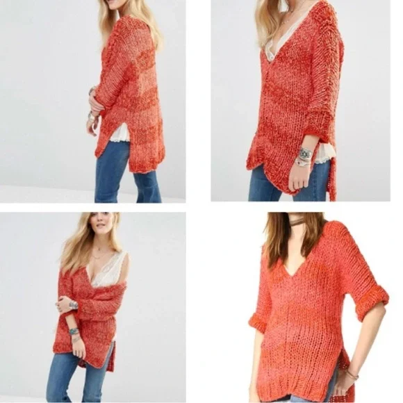 New Free People Women’s Sweater Georgia V-neck Tunic 2 Sleeve Size Small Red$148 - Picture 14 of 14